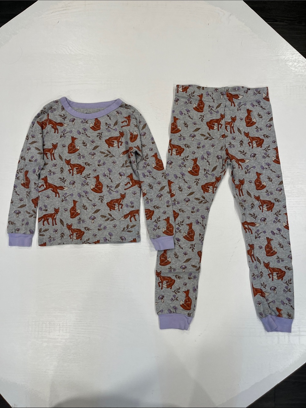Girls Gray Fox Print Pajama Set with Lavender Trim